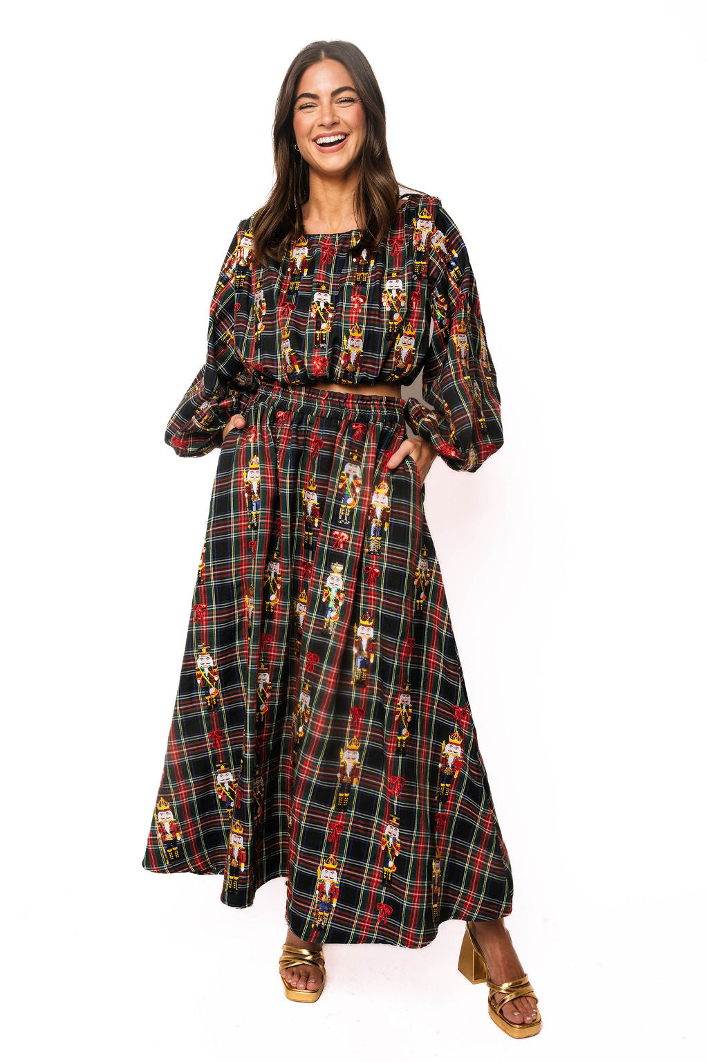 Navy Plaid Nutcracker & Bow Cotton Bubble Long Sleeve Top