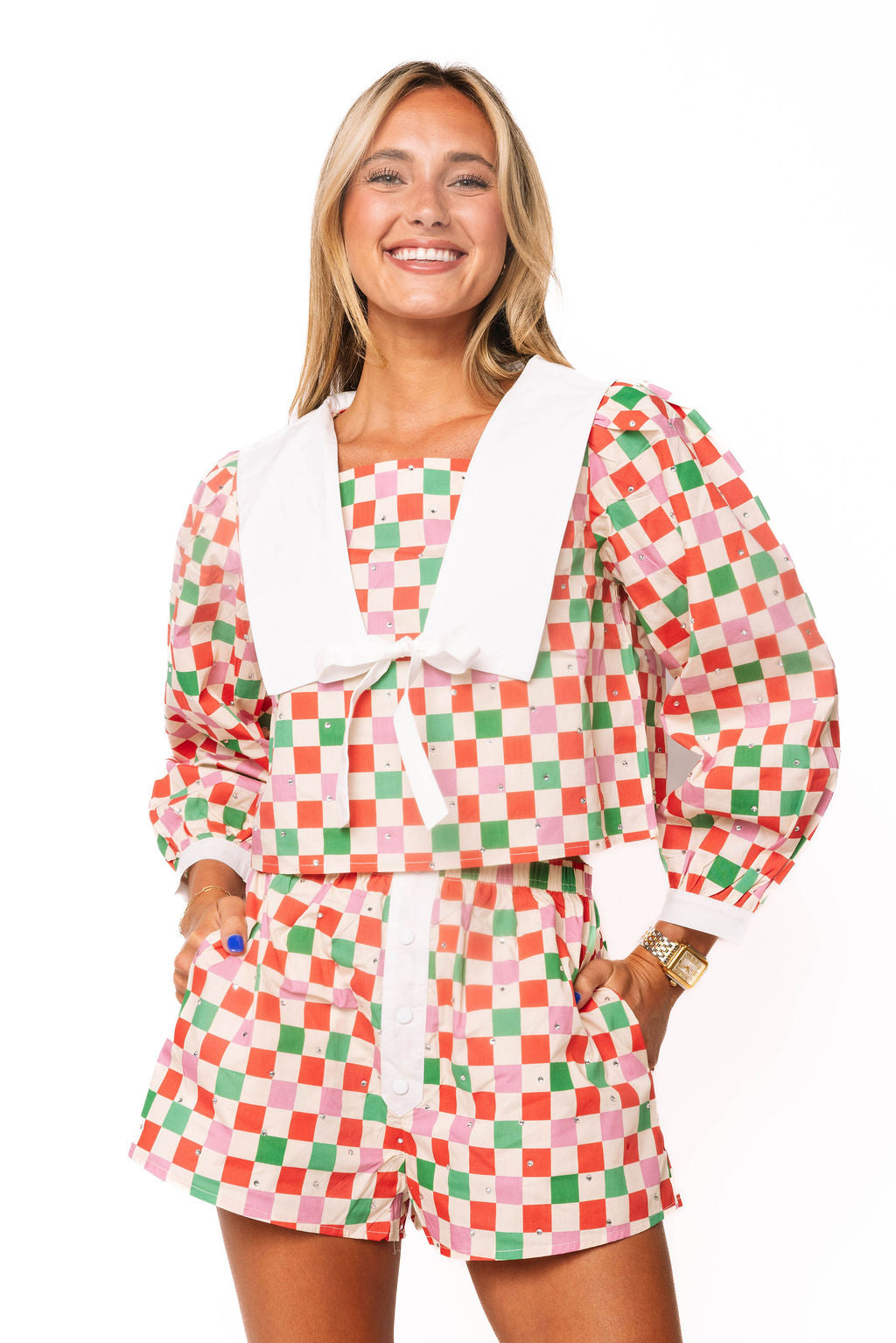 Sample Red, Green & Ivory Checkered Tie Collar Top & Short Set