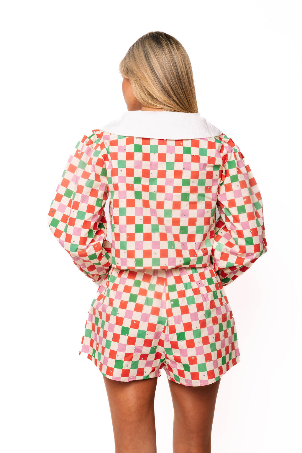 Sample Red, Green & Ivory Checkered Tie Collar Top & Short Set
