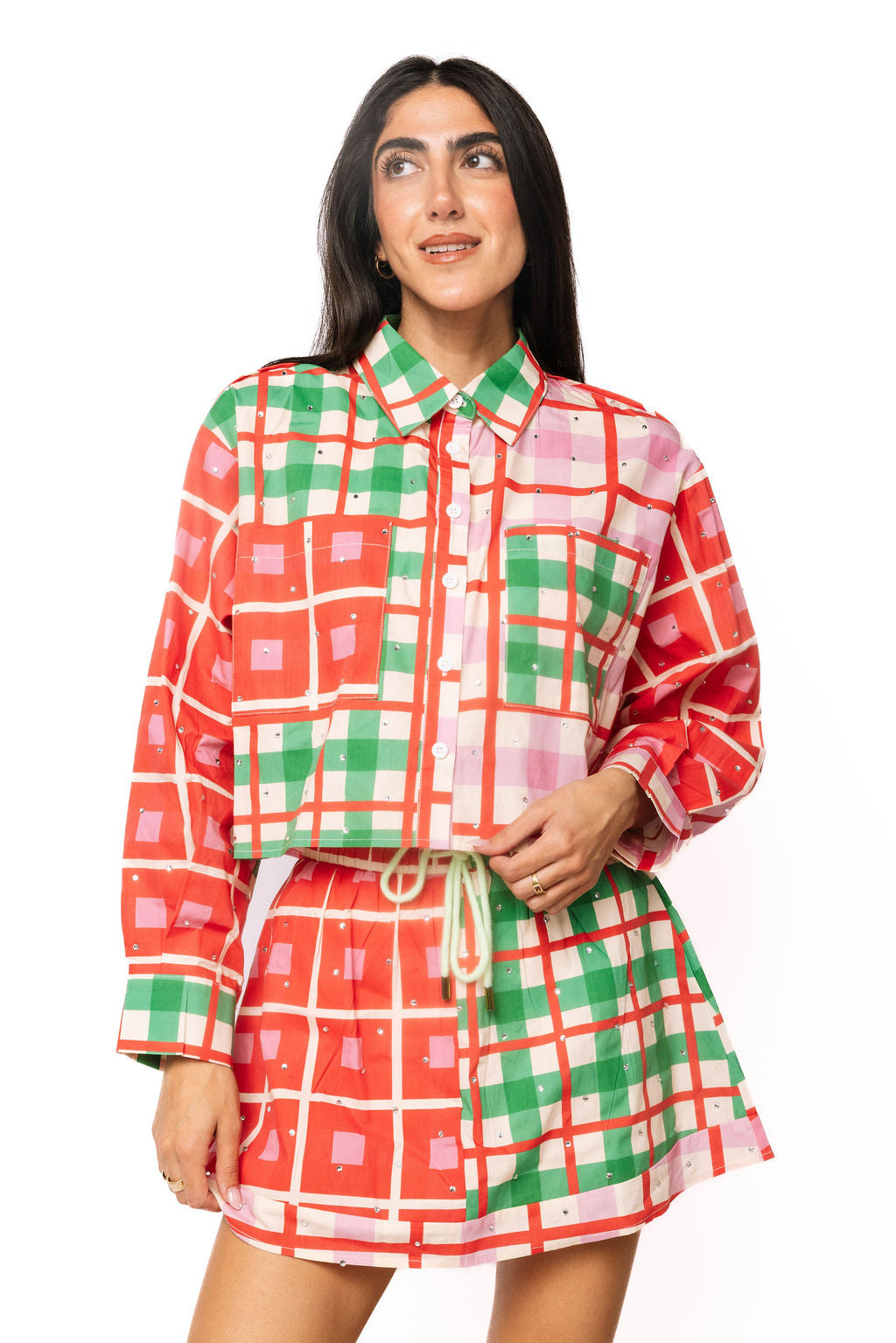Red, Green, Ivory & Pink Plaid Button Up Rhinestone Top