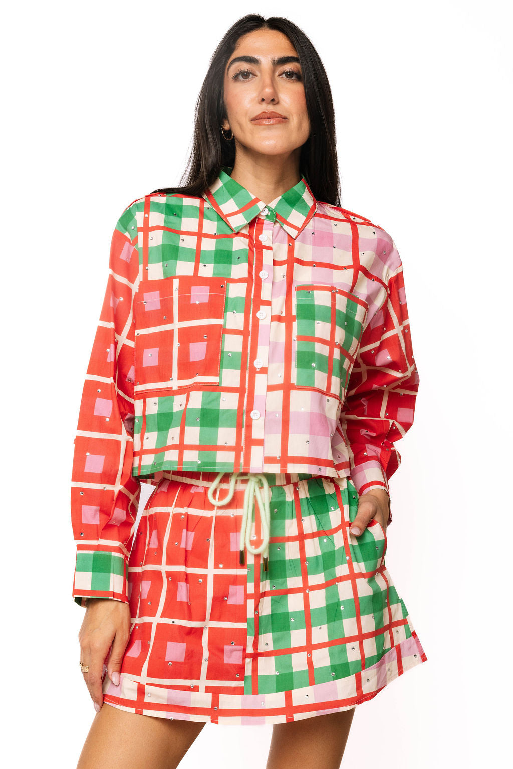 Red, Green, Ivory & Pink Plaid Rhinestone Skort