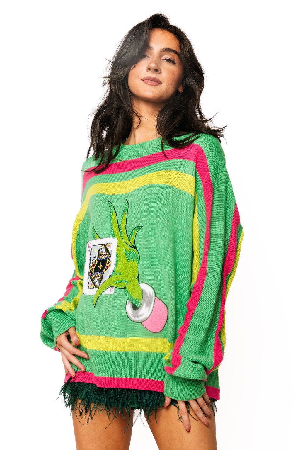Green & Pink Hand Holding QOS Card Sweater