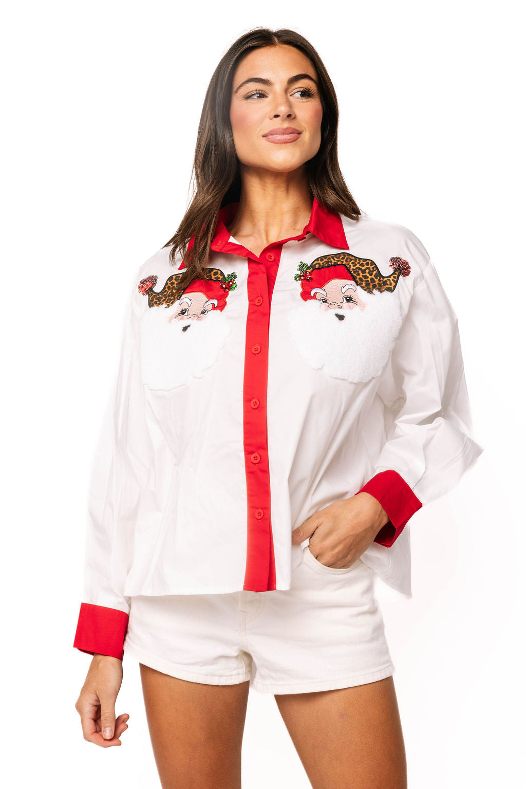 Sample White Cotton Santa In Leopard Hat Button Up Top