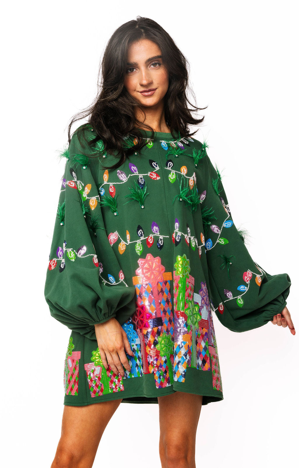 Green Christmas Lights & Presents Feather Dress
