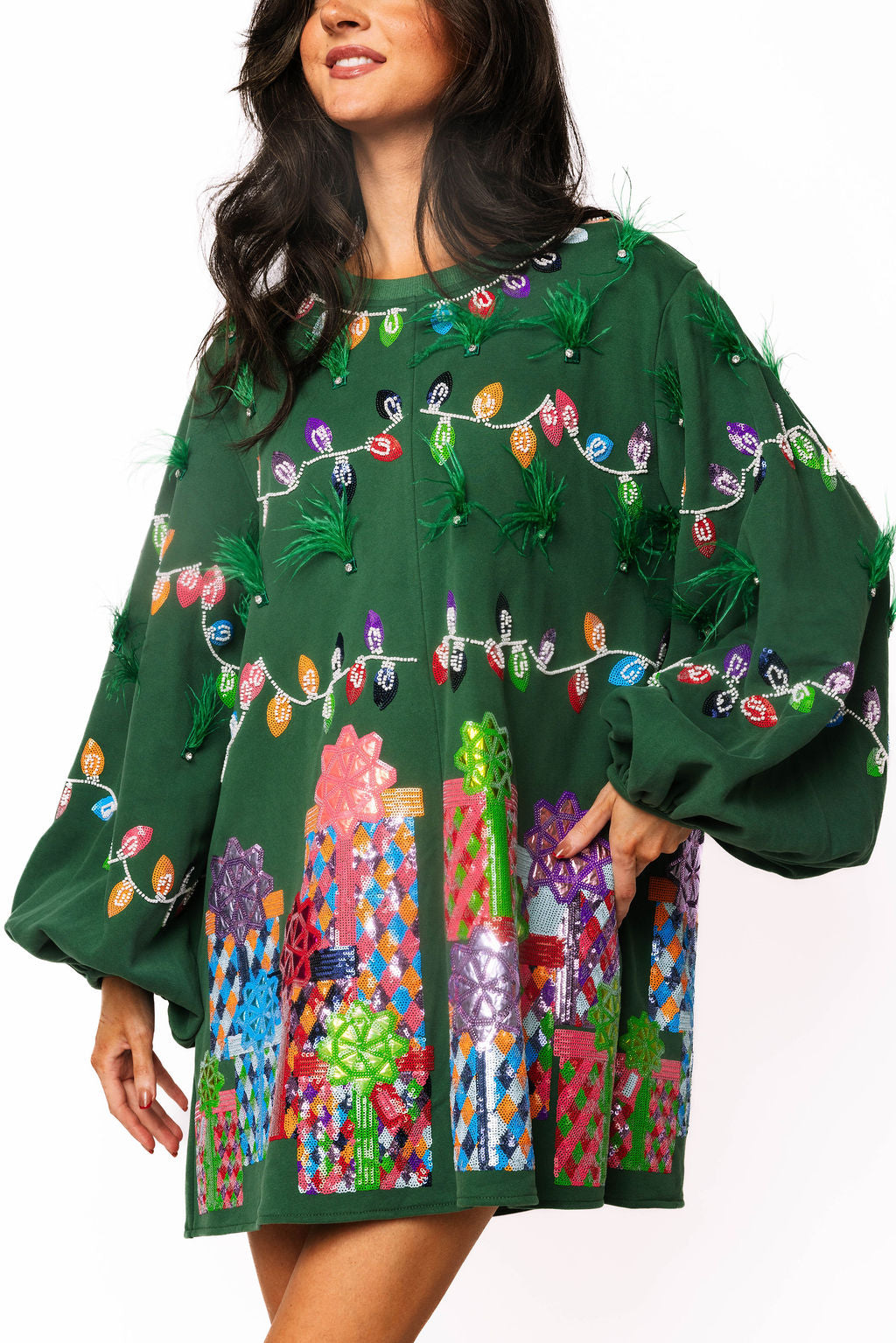 Green Christmas Lights & Presents Feather Dress