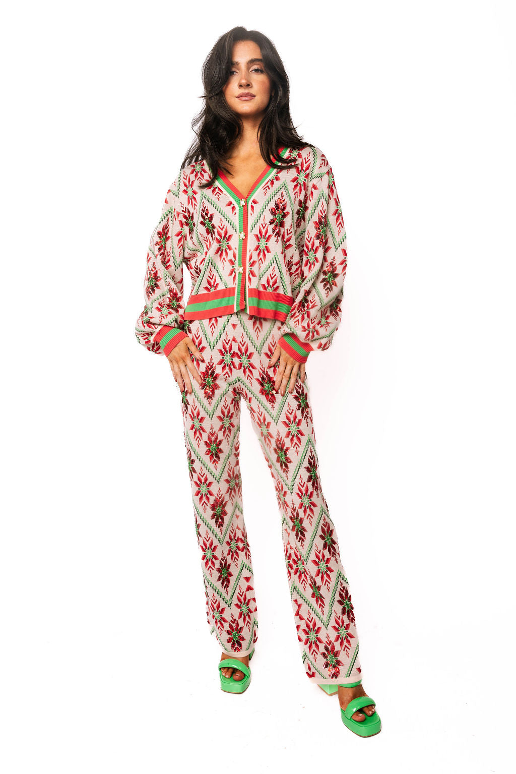 Beige, Green & Red Flower Print Christmas Cardigan
