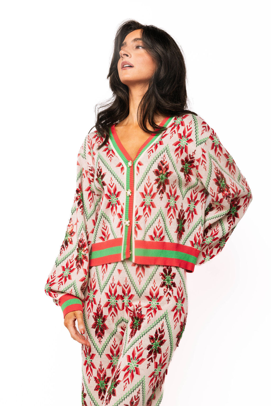 Beige, Green & Red Flower Print Christmas Cardigan