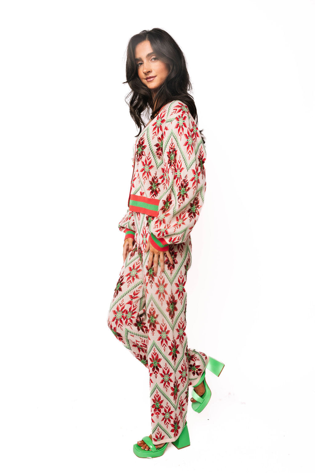 Beige, Green & Red Flower Print Christmas Knit Pant
