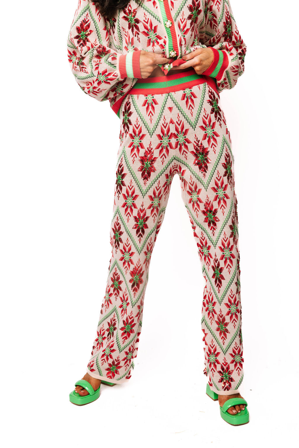Beige, Green & Red Flower Print Christmas Knit Pant