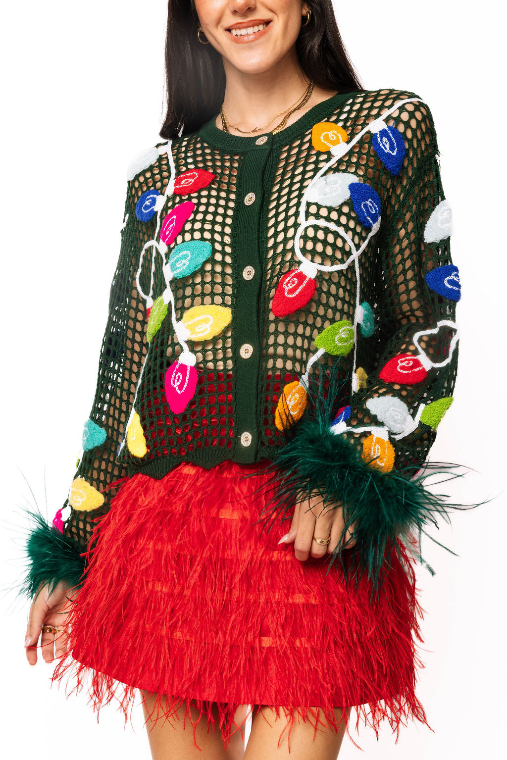 Dark Green Crochet Multi Christmas Light Feather Sleeve Top