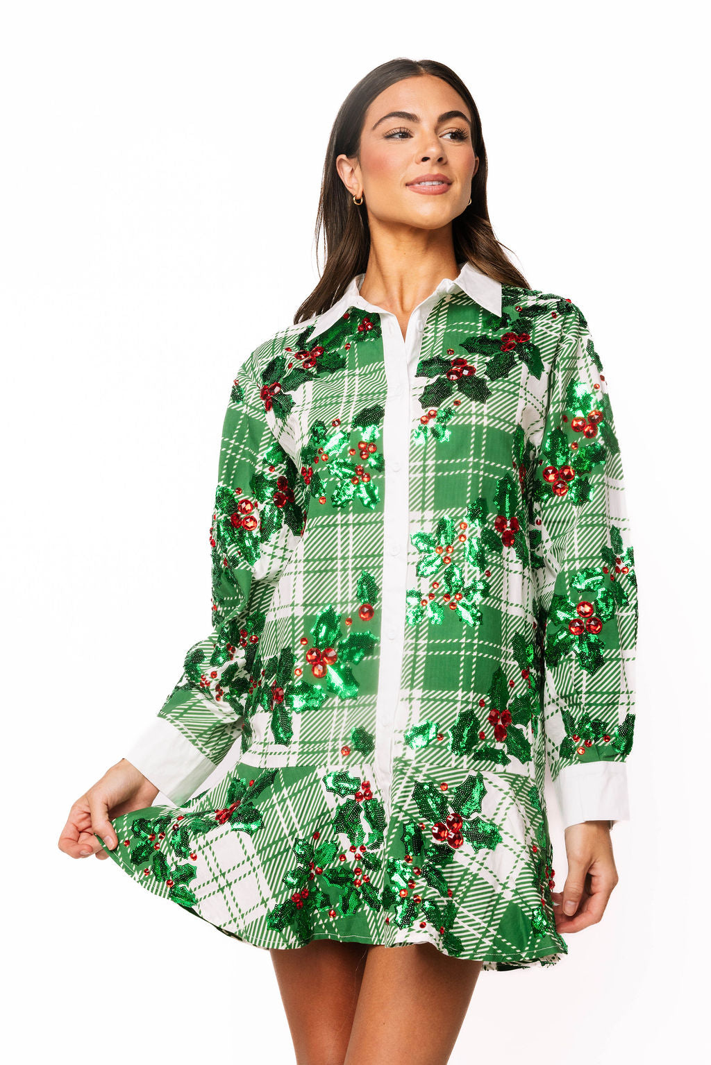 White & Green Plaid Holly Button Up Ruffle Dress