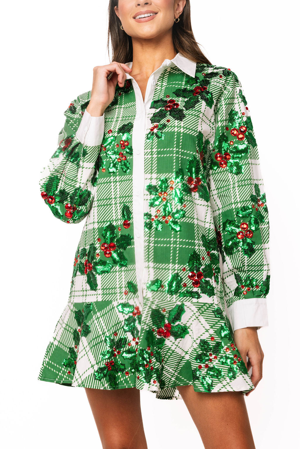 White & Green Plaid Holly Button Up Ruffle Dress
