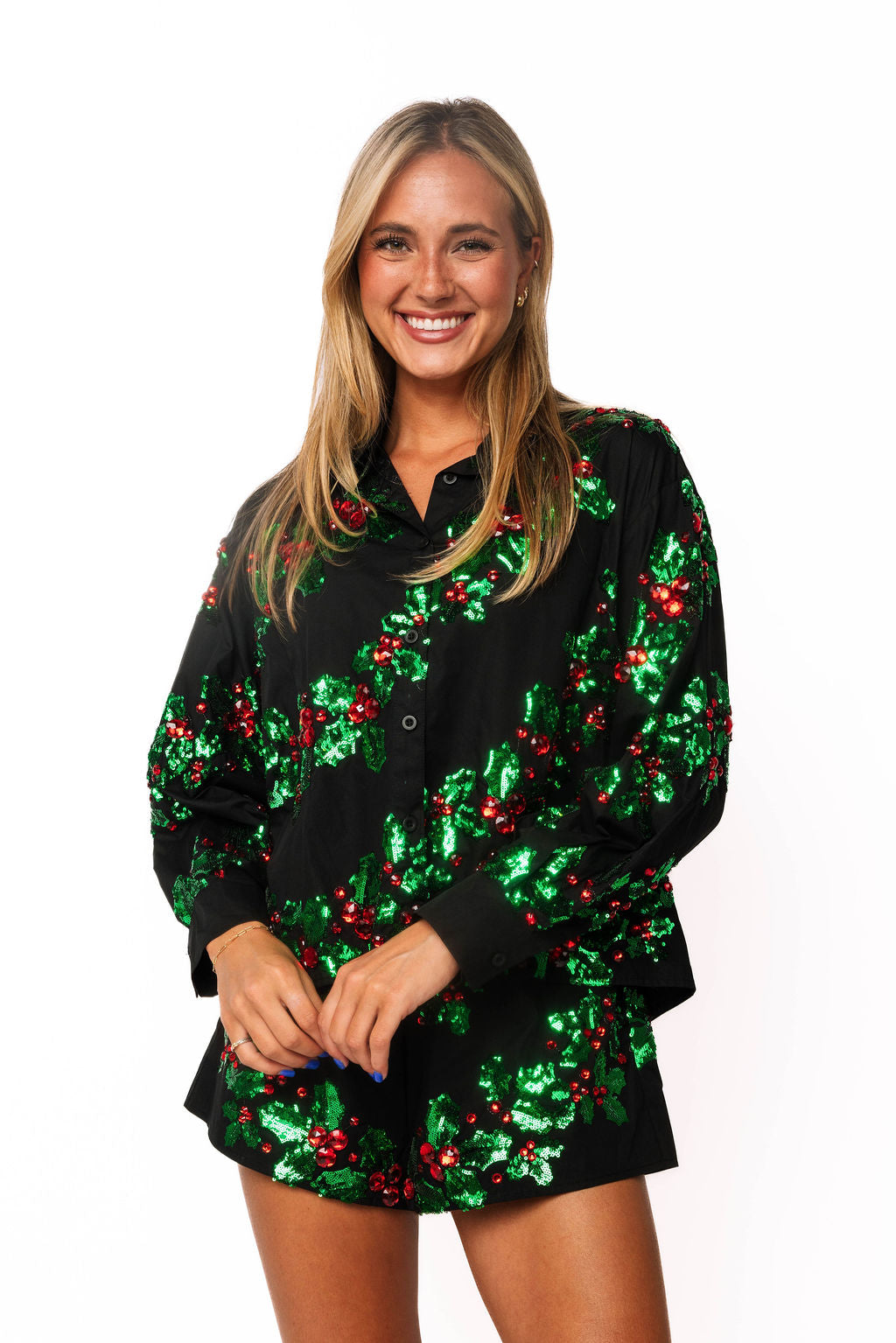 Black, Green & Red Holly Cotton Button Up Top