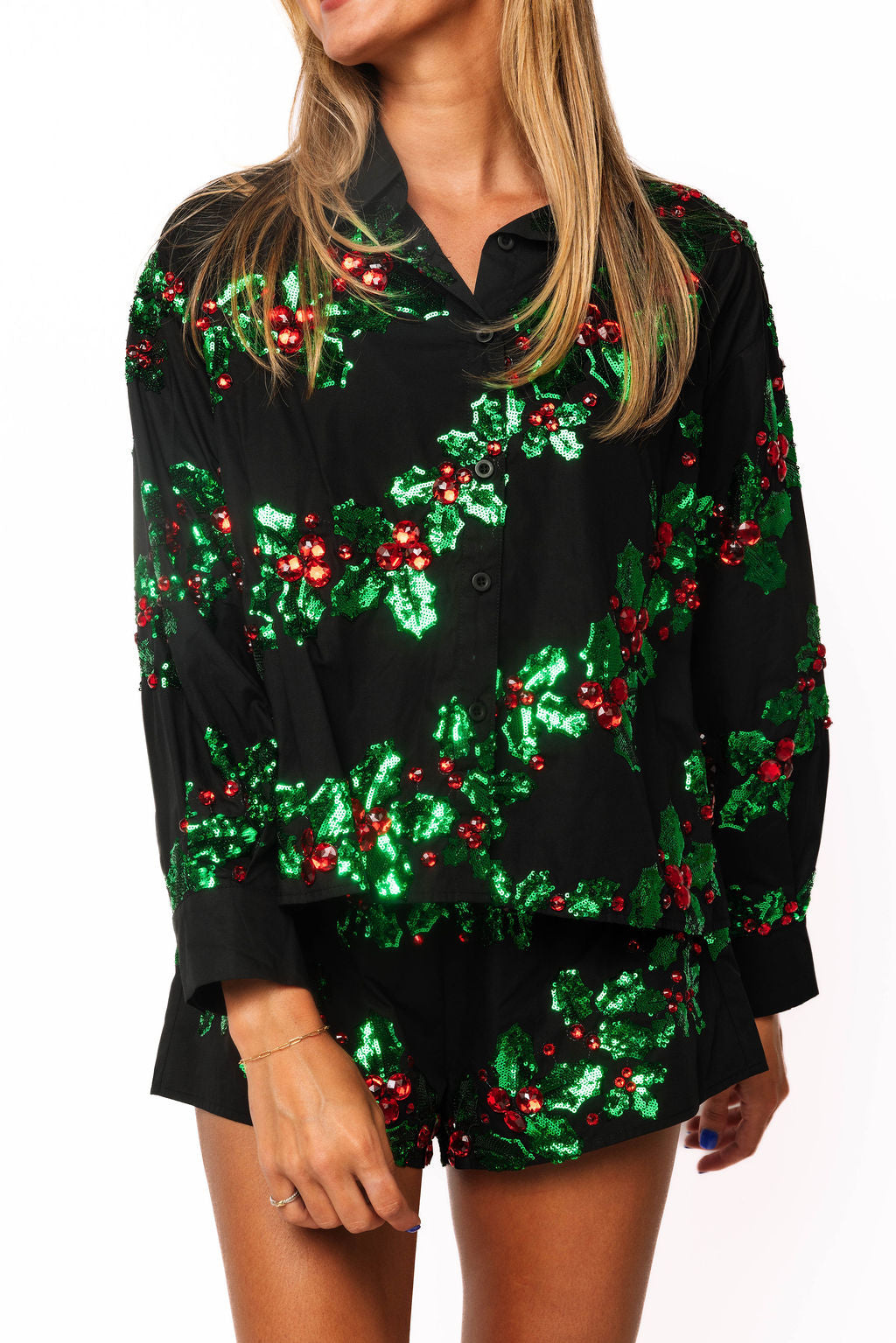 Black, Green & Red Holly Cotton Button Up Top