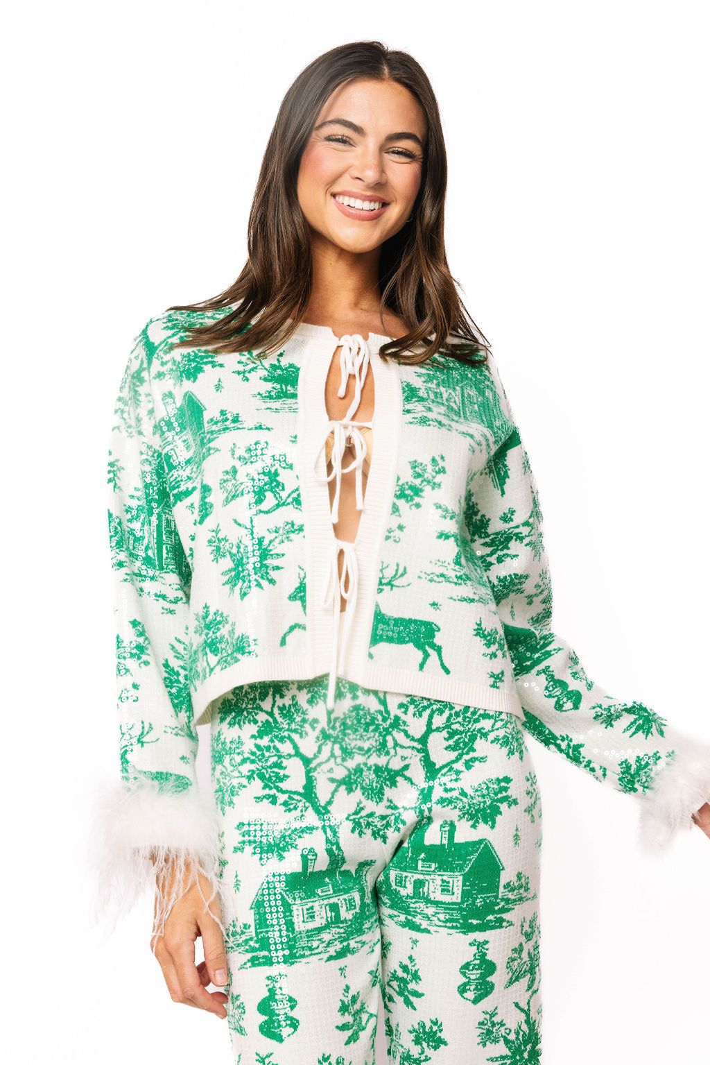 Green & White Christmas Twall Feather Sleeve Sweater