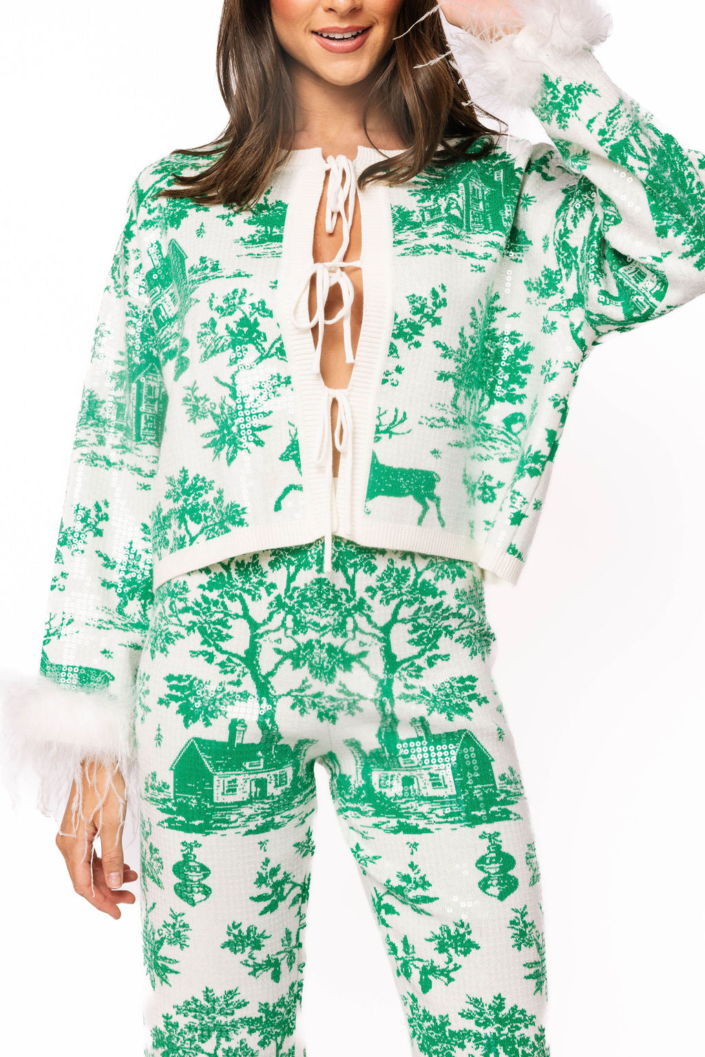 Green & White Christmas Twall Feather Sleeve Sweater