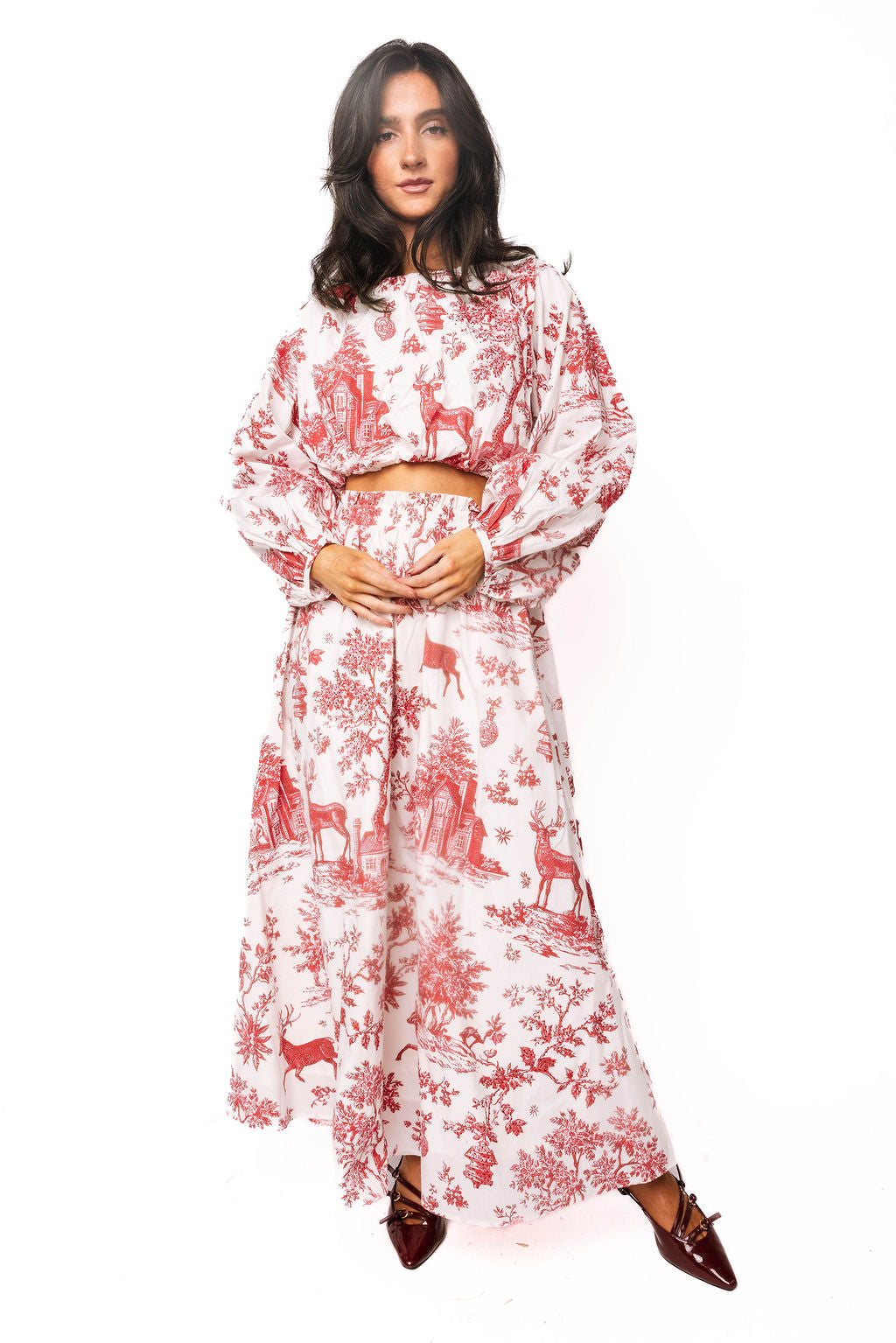 Red & White Christmas Twall Cotton Midi Skirt