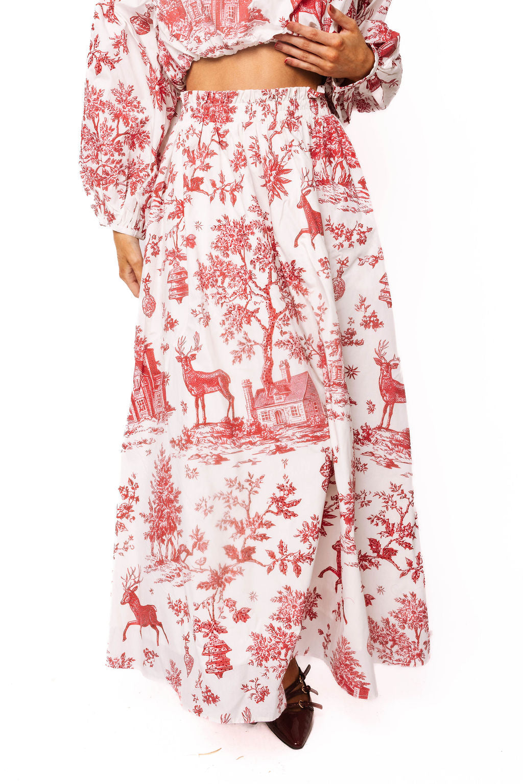 Red & White Christmas Twall Cotton Midi Skirt
