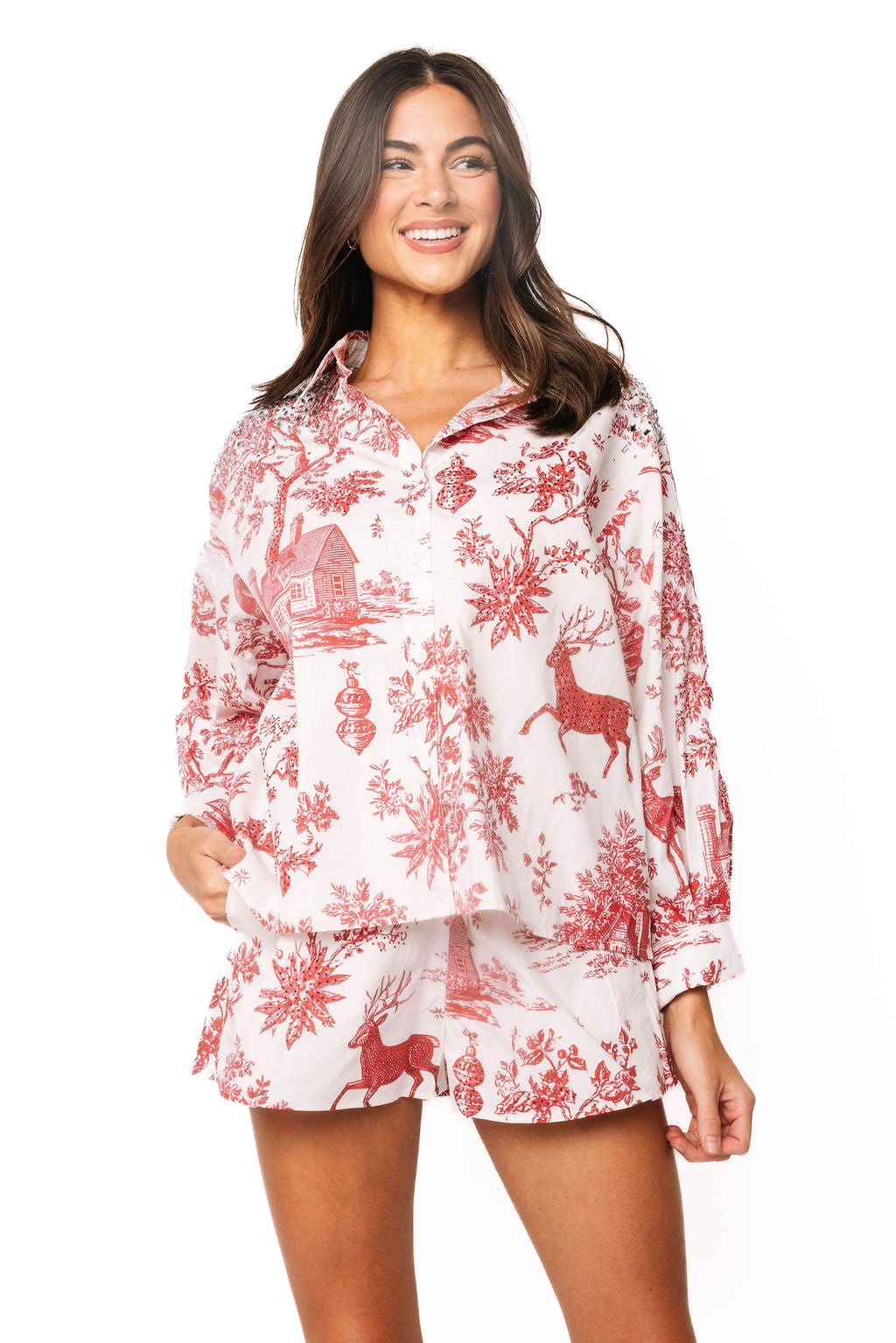 Red & White Christmas Twall Cotton Button Up Top