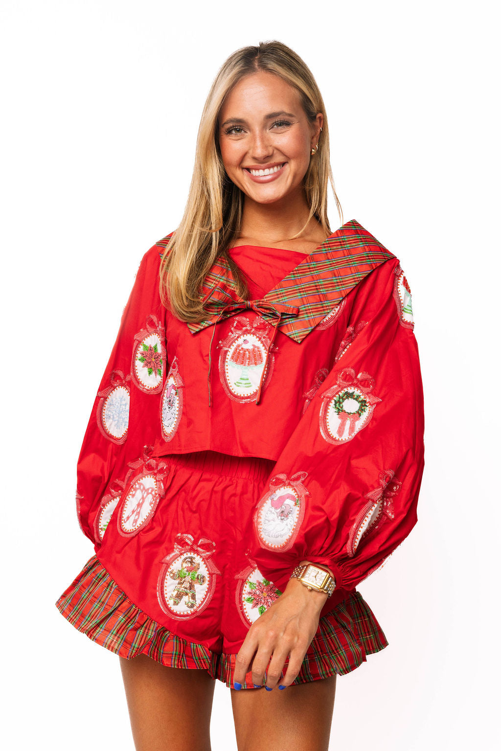 Red Christmas Icon Wallpaper Plaid Collar Cotton Top