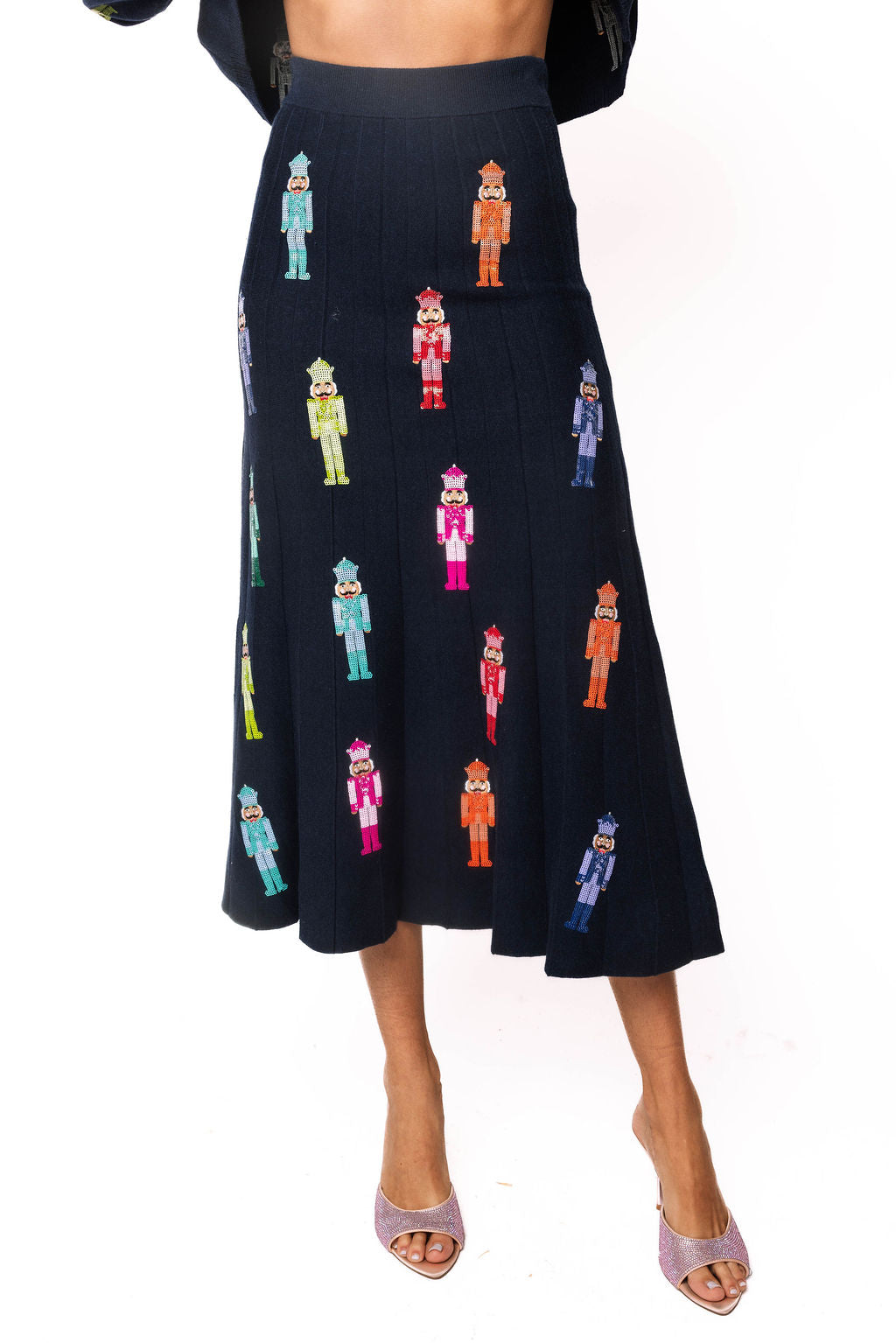 Navy Mini Rainbow Nutcracker Knit Midi Skirt