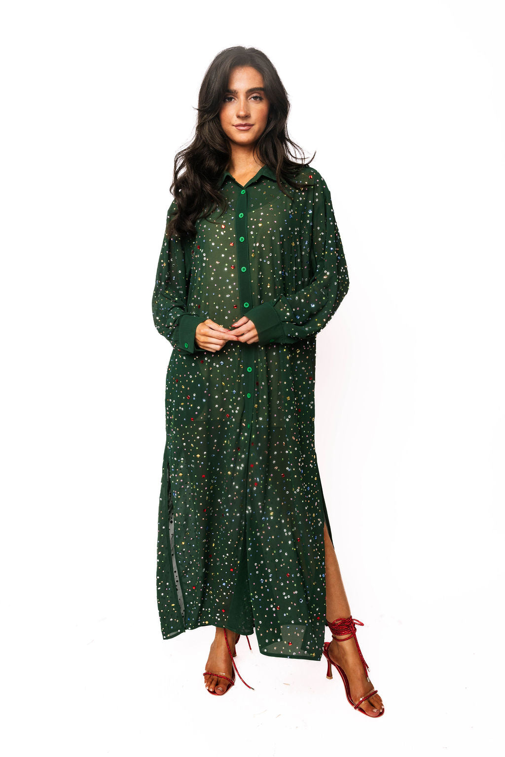 Dark Green Multi Rhinestone Button Up Midi Dress