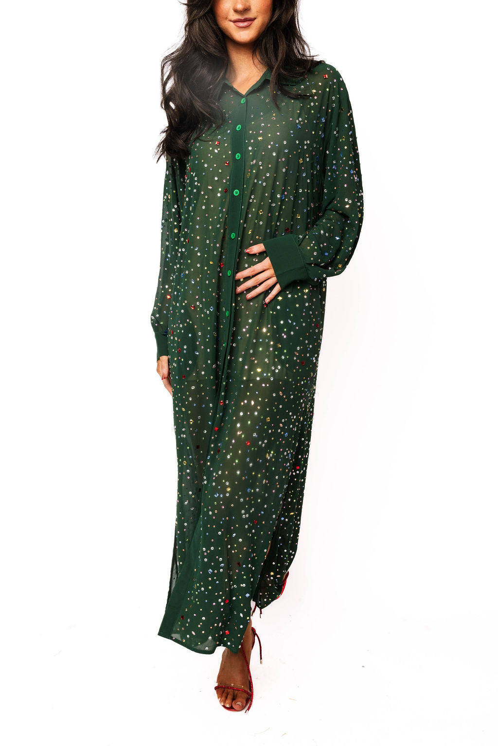 Dark Green Multi Rhinestone Button Up Midi Dress