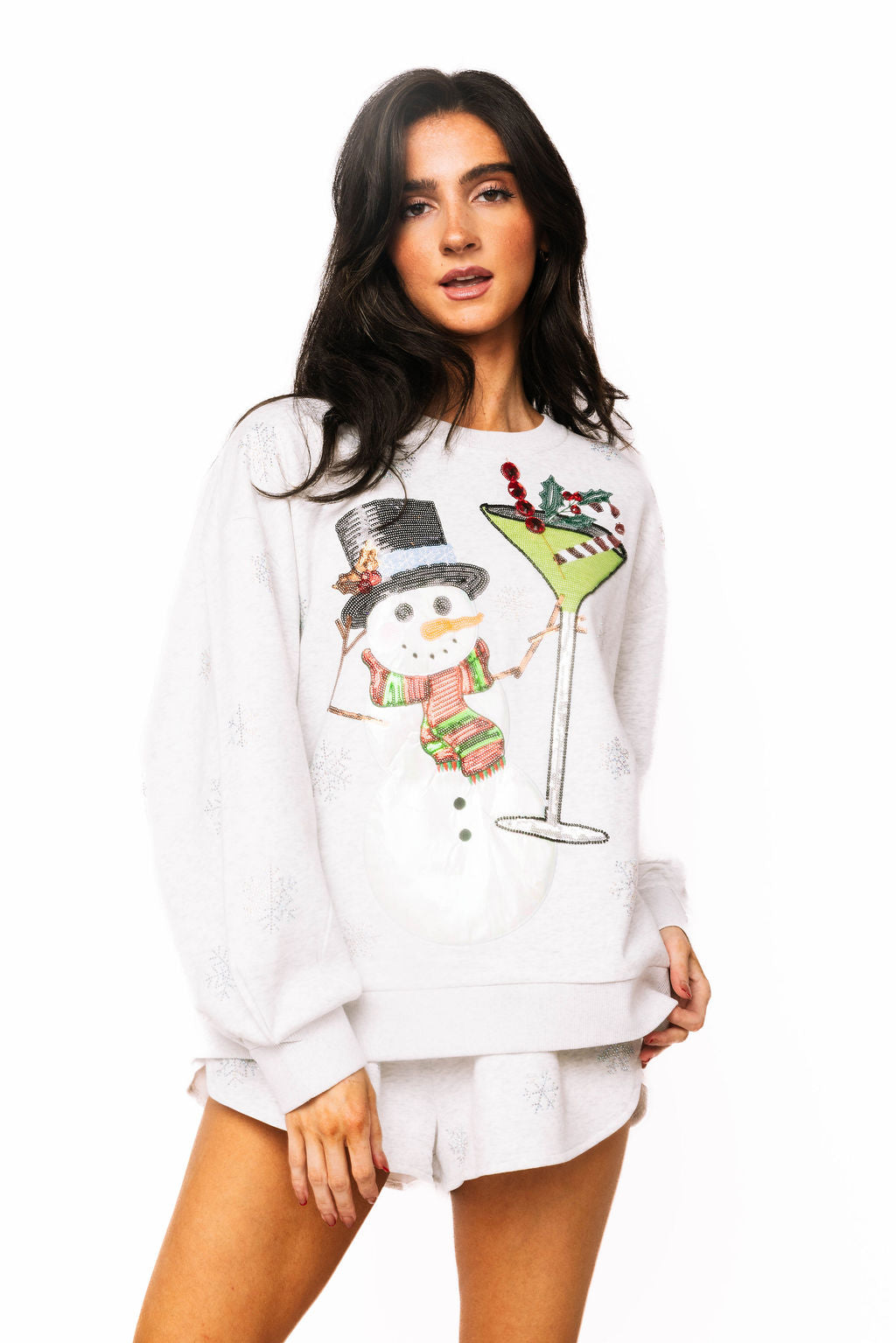 Grey Scattered Snowflake Snowman Holding a Martini Sweatshirt