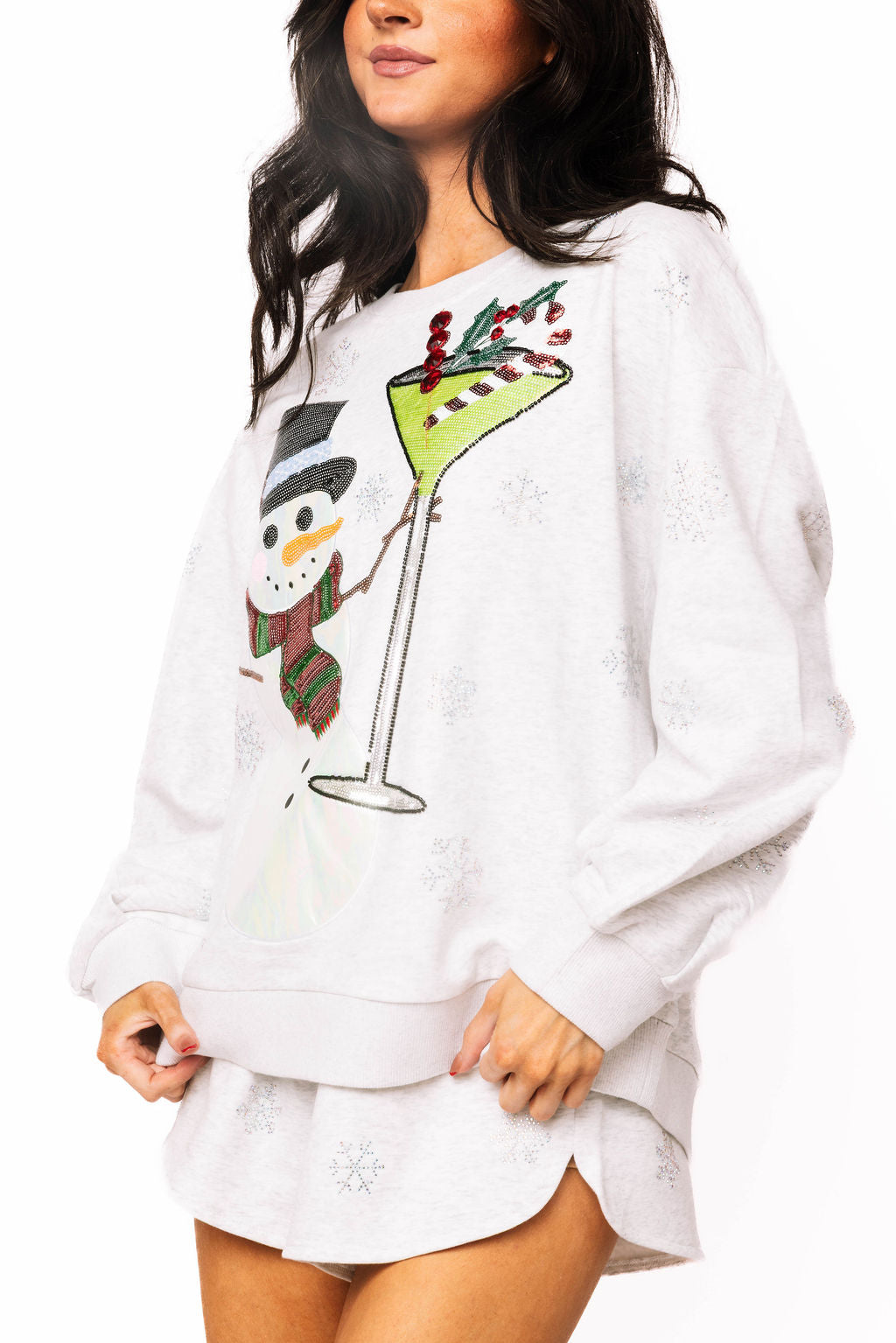 Grey Scattered Snowflake Snowman Holding a Martini Sweatshirt