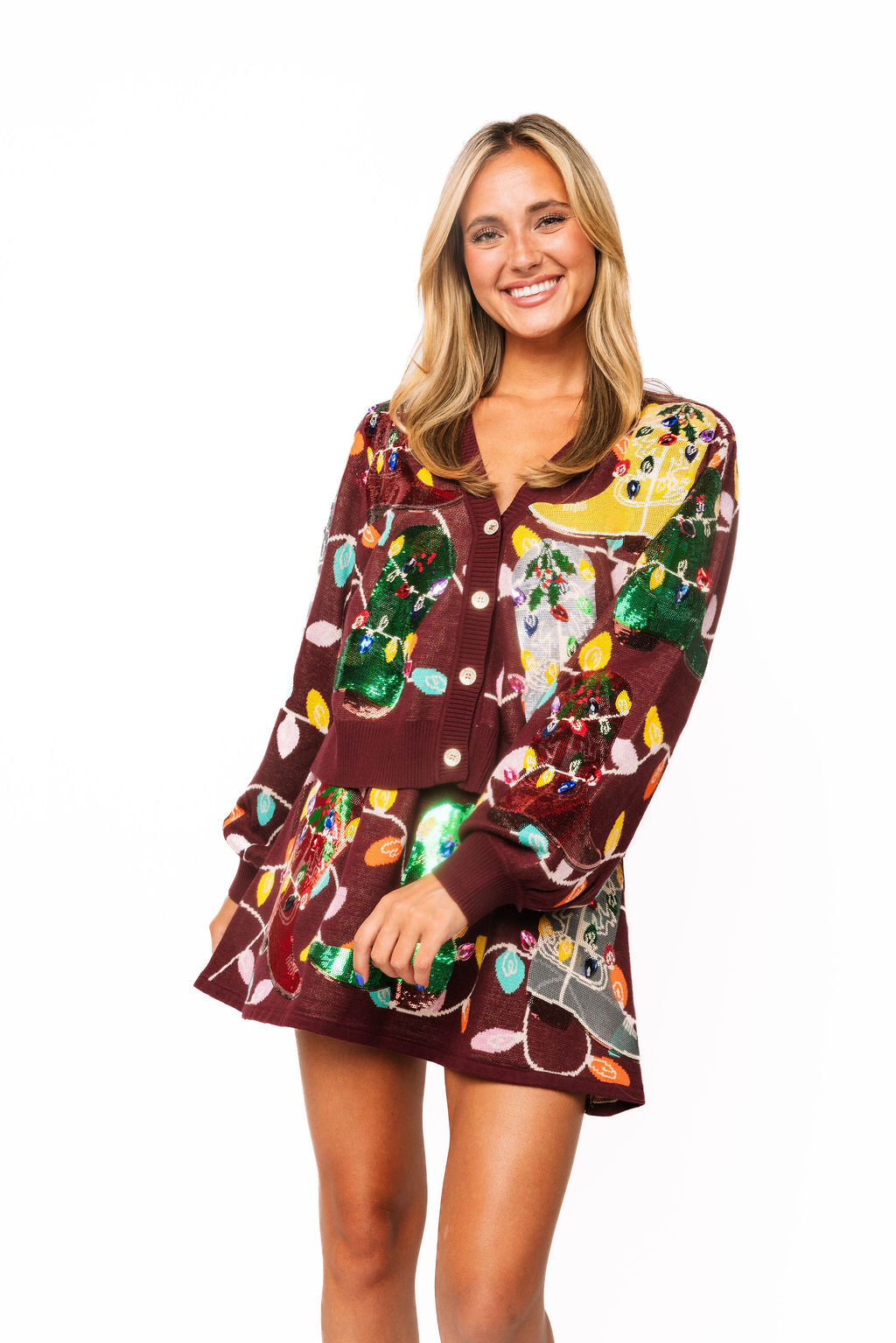 Maroon Christmas Cowboy Boot & Lights Cardigan