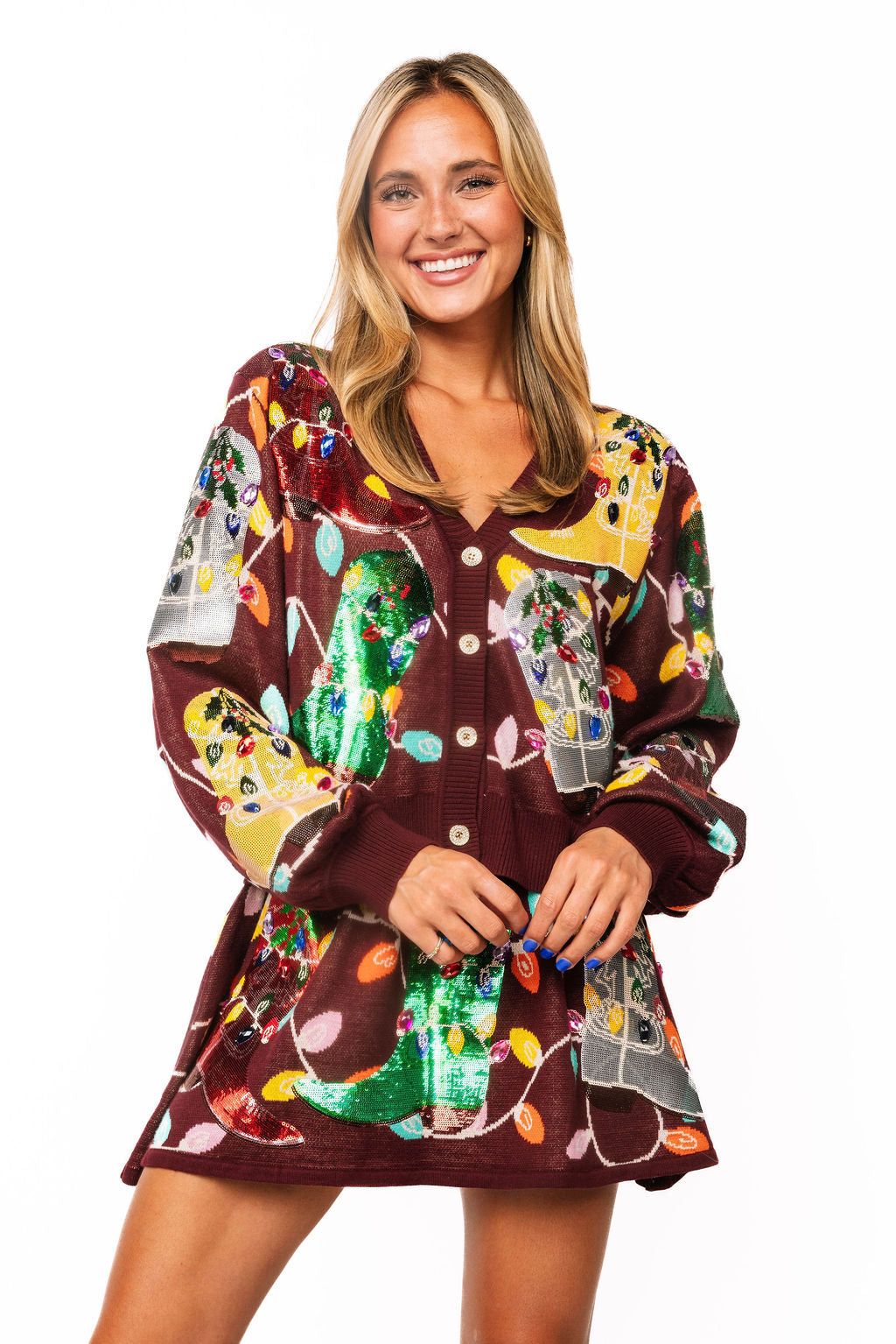 Maroon Christmas Cowboy Boot & Lights Cardigan