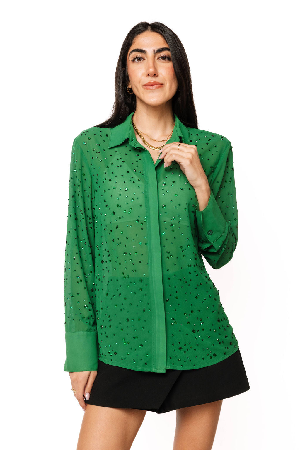 Green Rhinestone Sheer Button Up Top