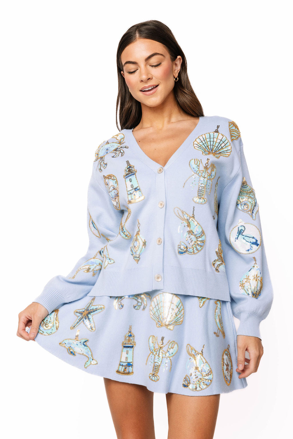 Light Blue Shell Ornament Cardigan