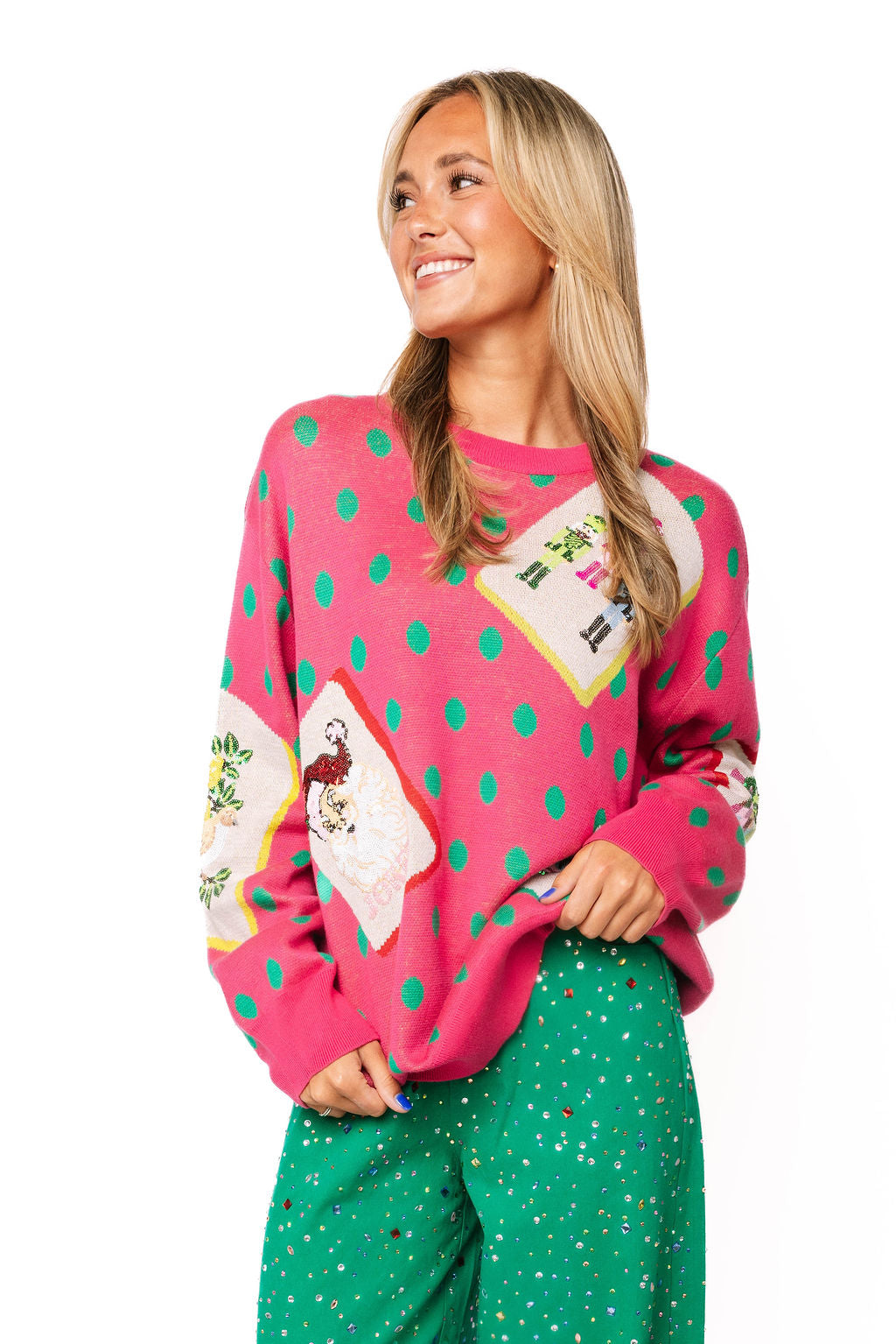 Pink & Green Polka Dot Christmas Mahjong Tile Sweater