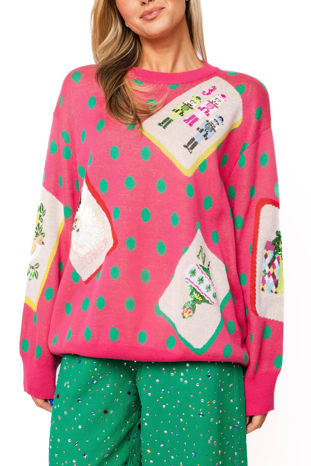 Pink & Green Polka Dot Christmas Mahjong Tile Sweater