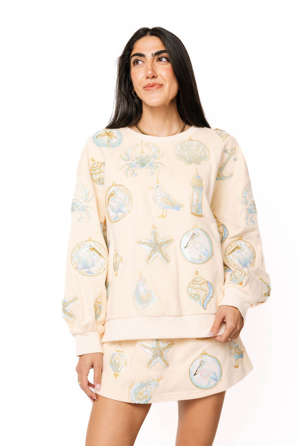 Ivory & Mint Coastal Sea Shell Ornament Sweatshirt