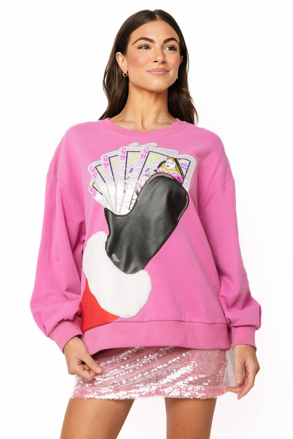 Pink Santa Hand Holding QOS Logo Cards Rhinestone Sweatshirt