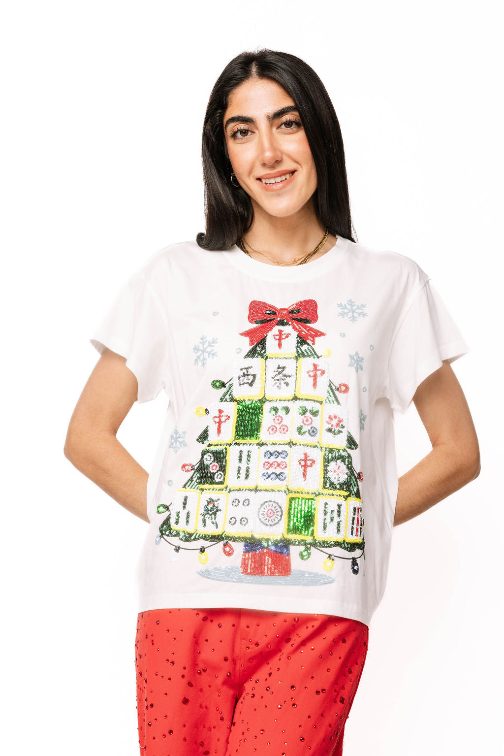 White Mahjong Tile Christmas Tree with Snowflakes Tee