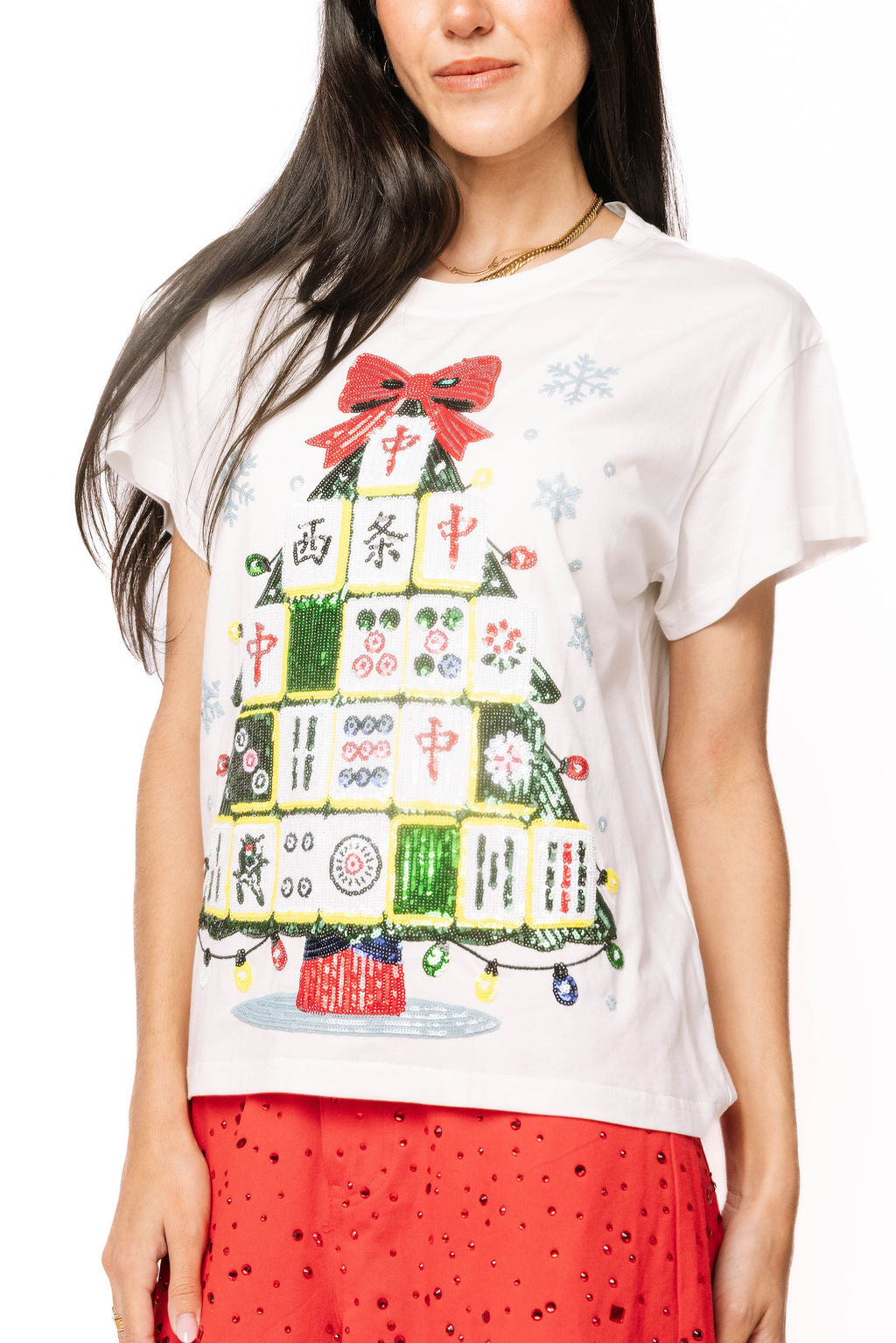 White Mahjong Tile Christmas Tree with Snowflakes Tee