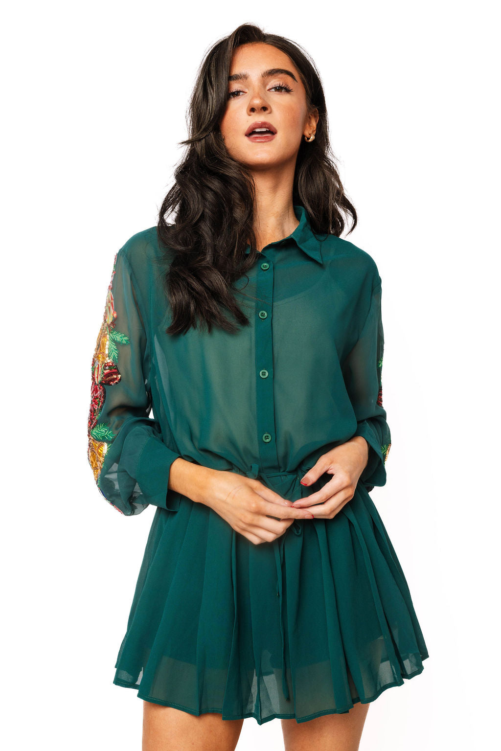 Sample Dark Green Poinsettia & Ornament Sleeve Sheer Button Up Drawstring Waist Dress