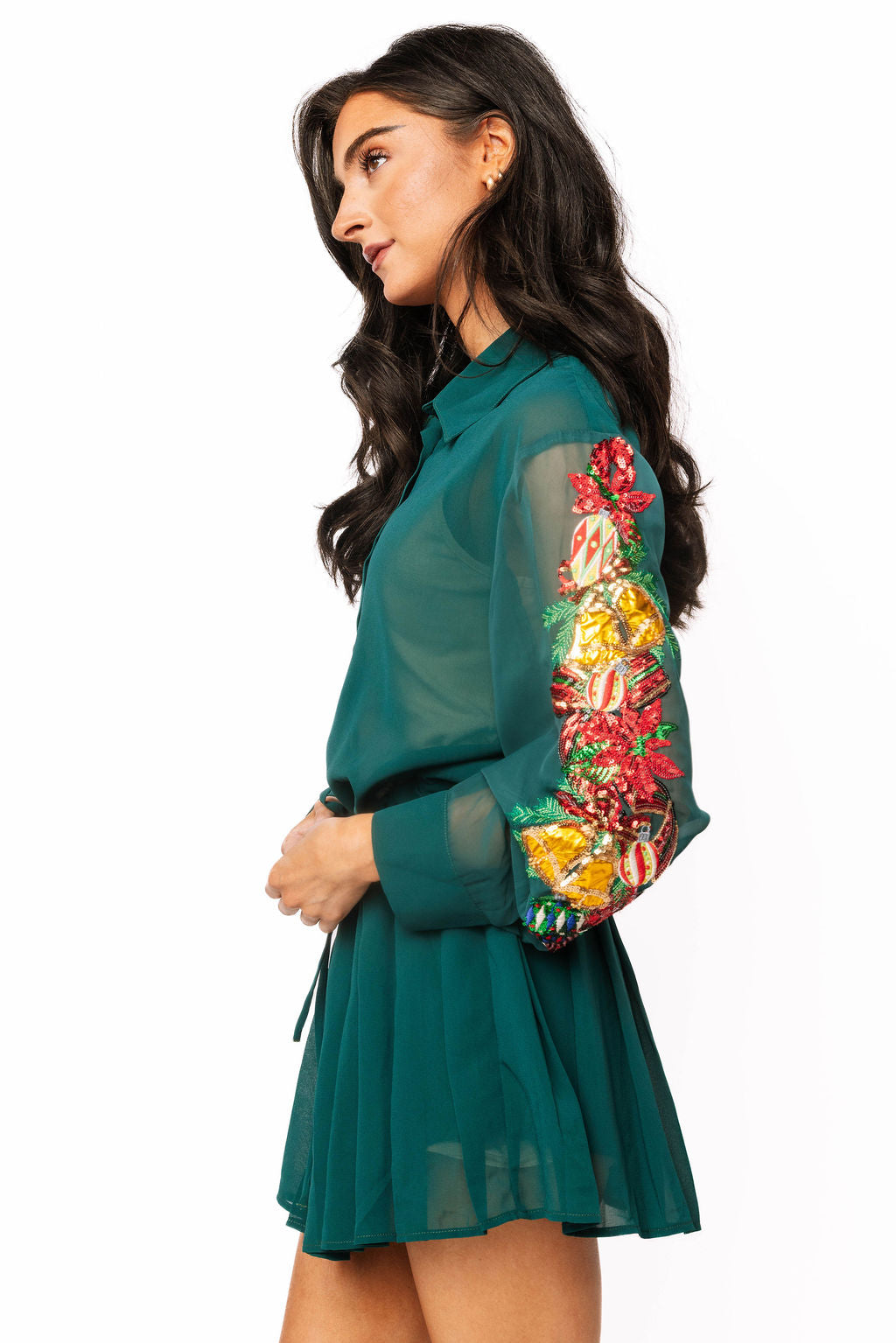 Sample Dark Green Poinsettia & Ornament Sleeve Sheer Button Up Drawstring Waist Dress