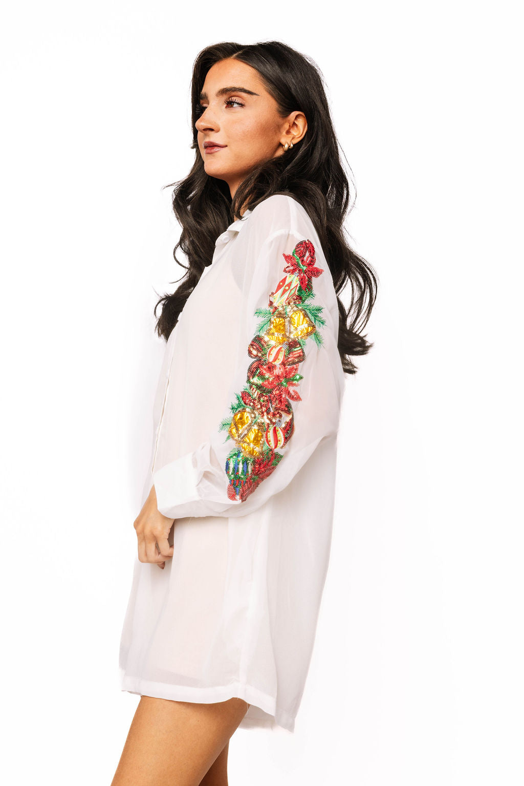 Sample White Poinsettia & Ornament Sleeve Sheer Button Up Tunic