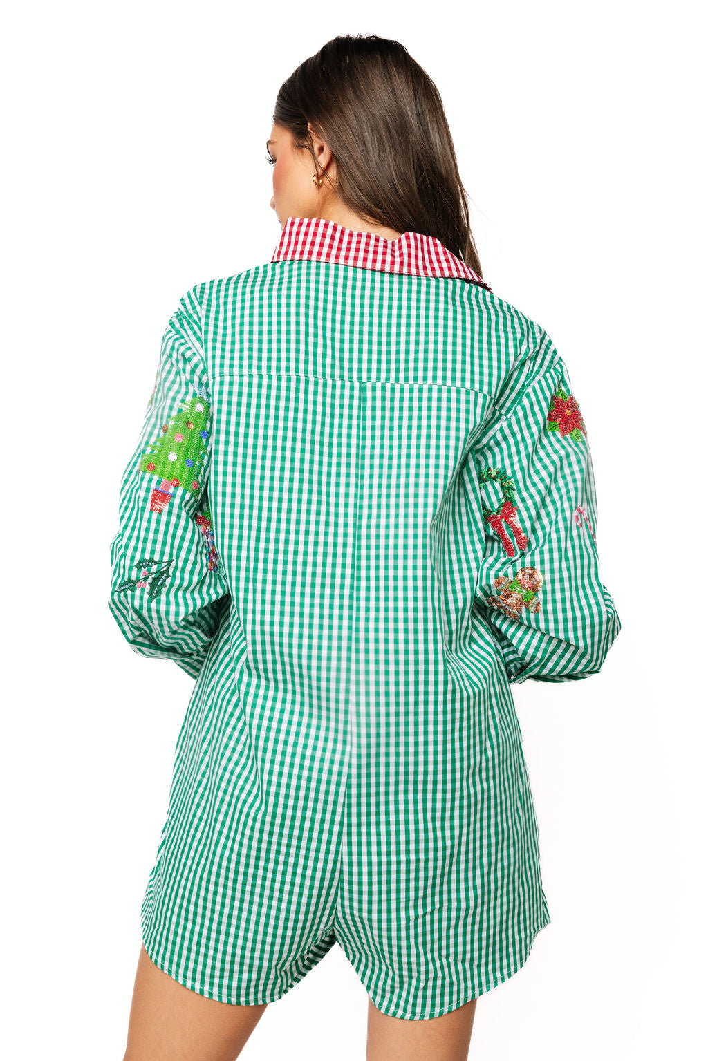 Sample Green Gingham Christmas Icon Quarter Button Up Romper