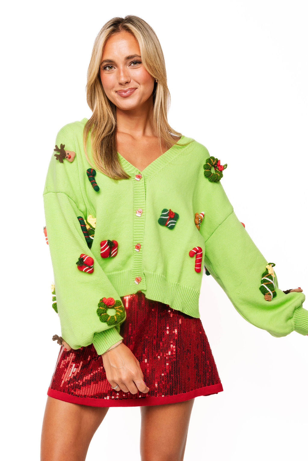 Sample Bright Green 3D Knit Christmas Icons Button Up Cardigan