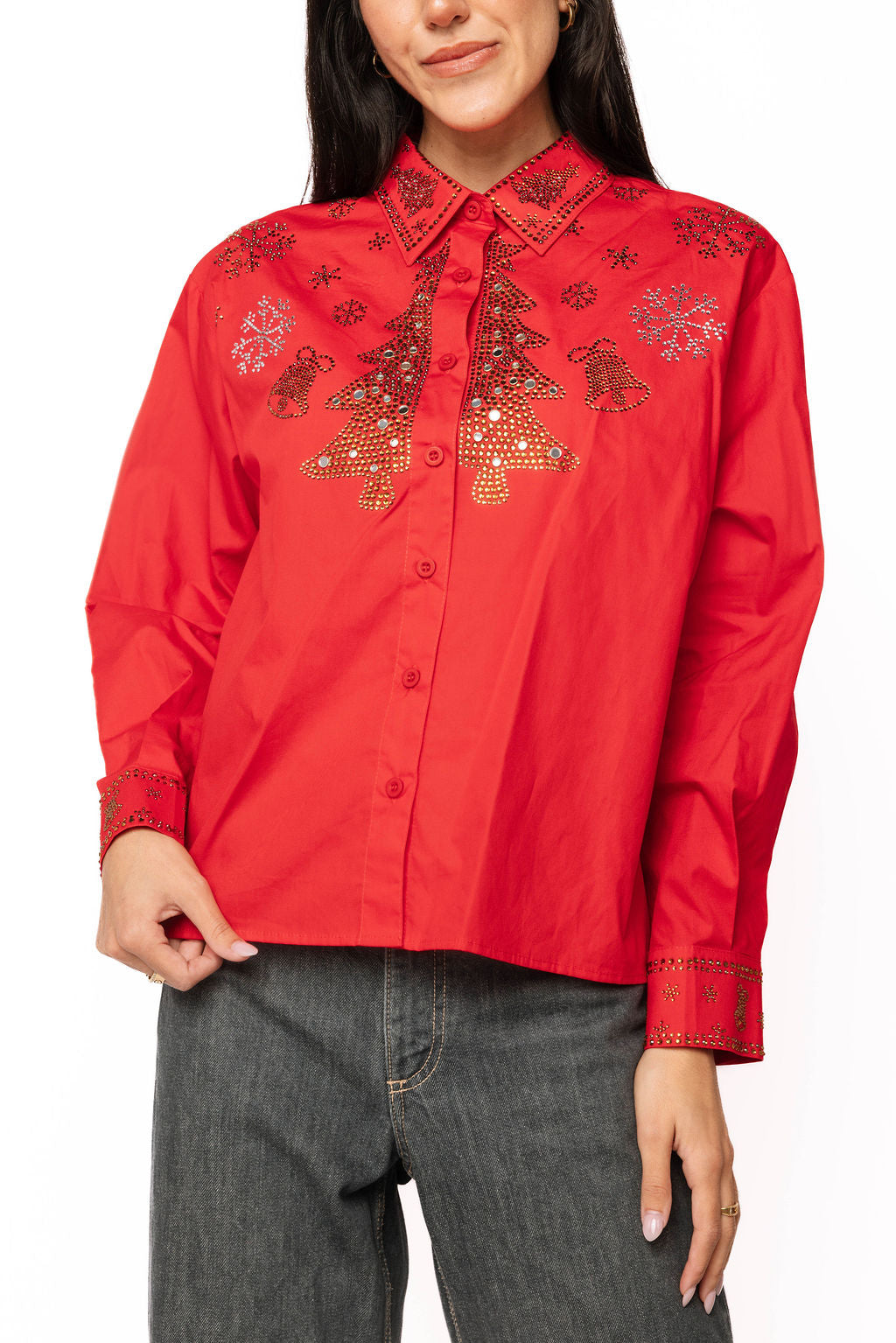 Sample Red Rhinestone Christmas Icon Button Up Long Sleeve Top