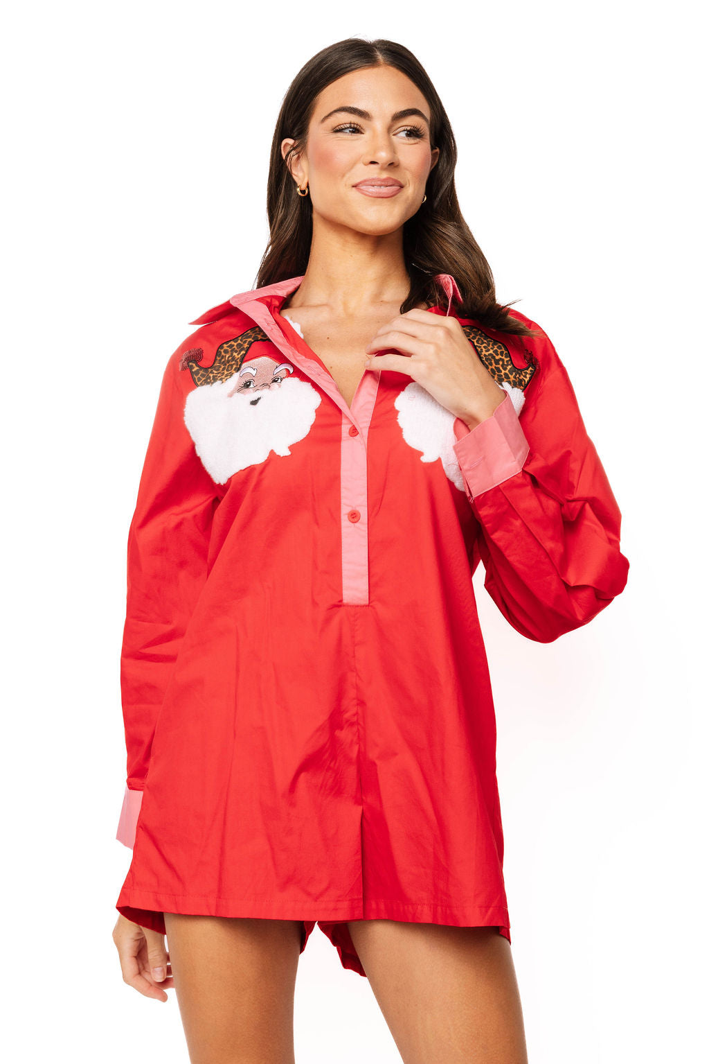 Sample Red Santa Leopard Hat Quarter Button Up Romper