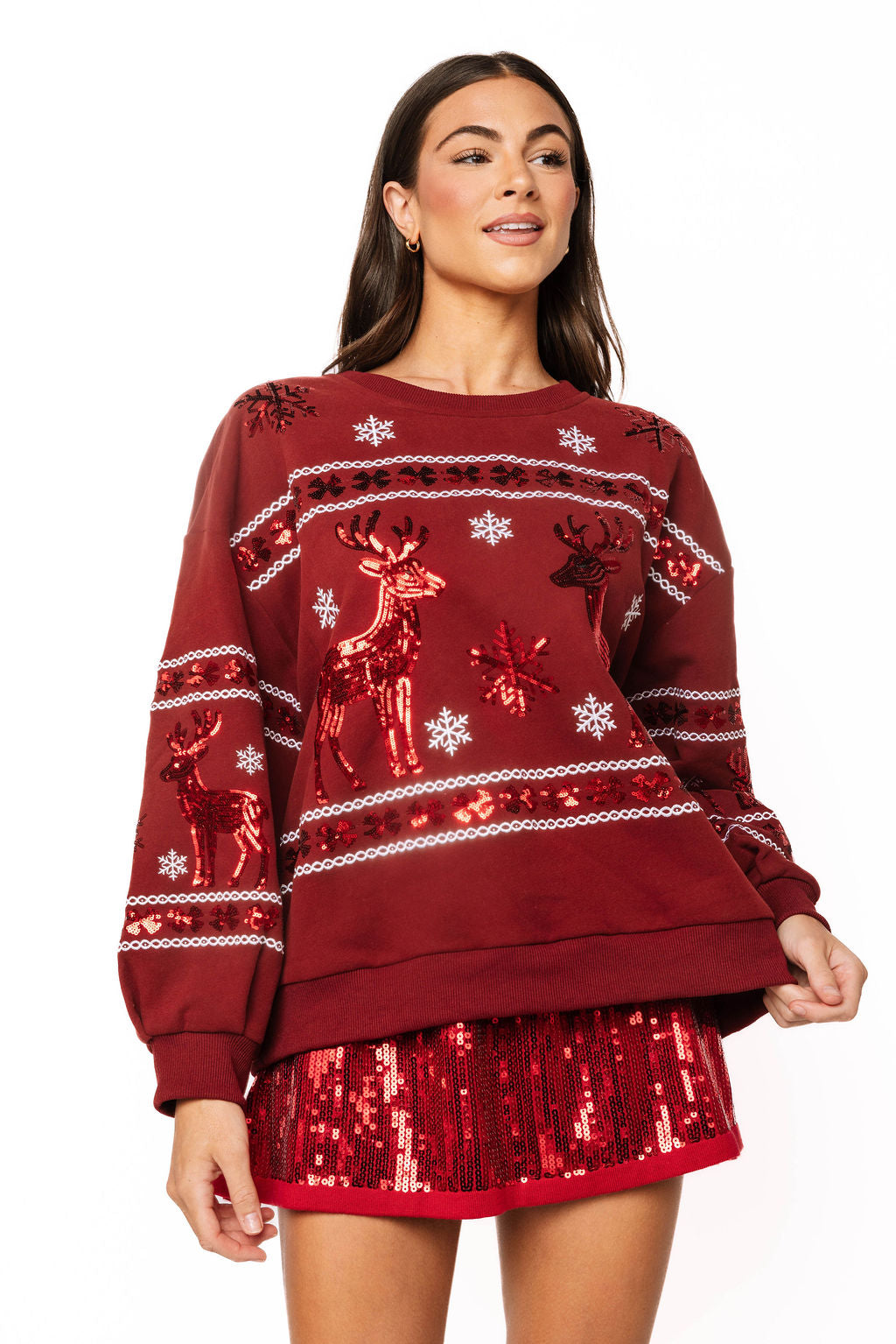 Sample Maroon With Red Sequin Snowflake & Reindeer Sweatshirt