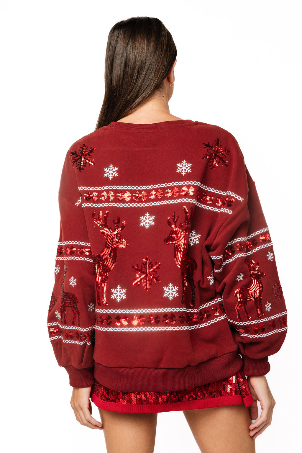 Sample Maroon With Red Sequin Snowflake & Reindeer Sweatshirt