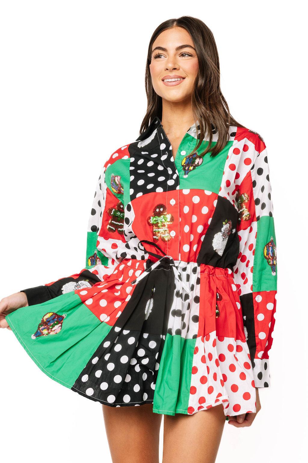 Multi Colorblock Polka Dot Christmas Icon Cotton Dress