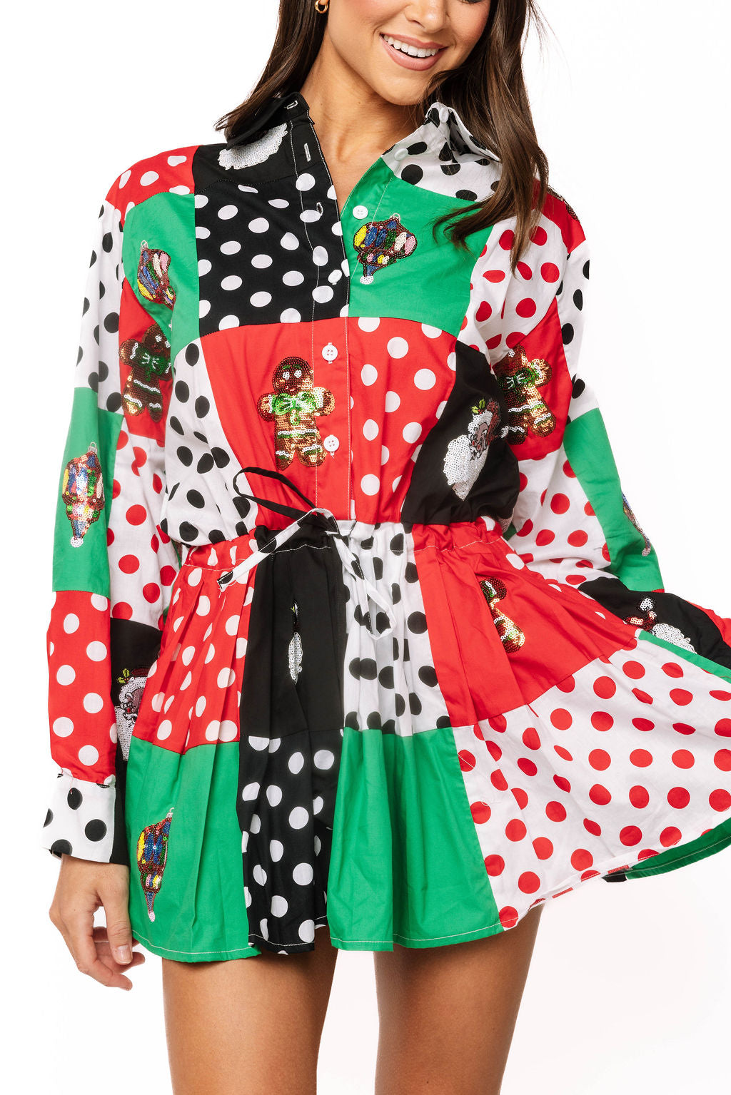 Multi Colorblock Polka Dot Christmas Icon Cotton Dress